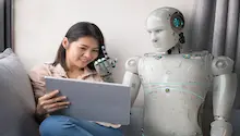 Robot trying to describe an image on a computer tablet