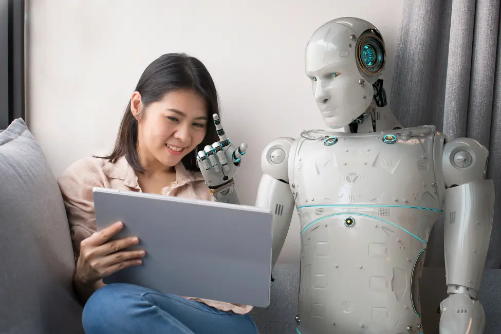 Robot trying to describe an image on a computer tablet