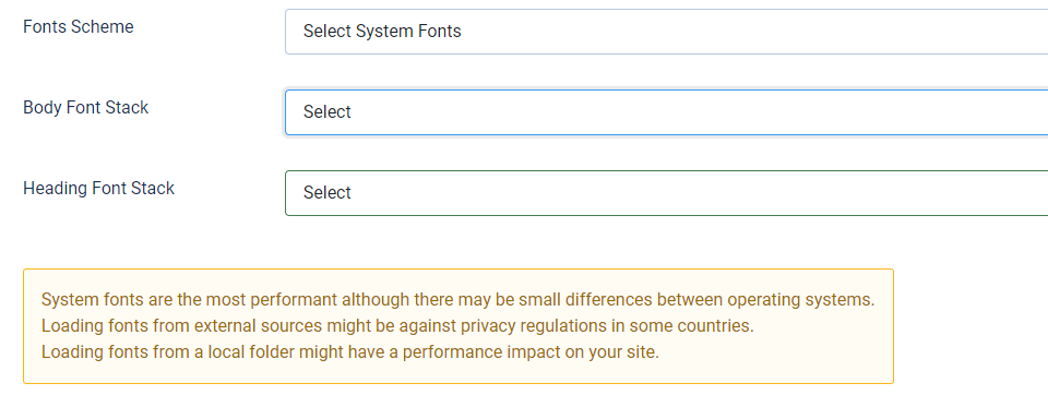 joomla site template font selection options