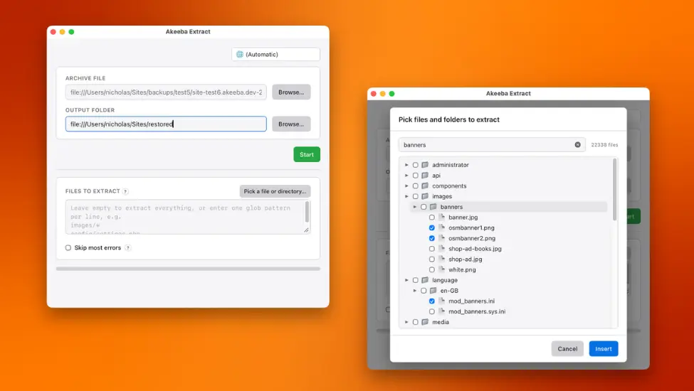 two screenshots of akeeba extract showing the main screen and the option to select the files or folders to extract