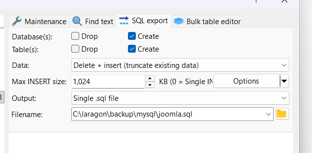 screenshot of the heidisql export options
