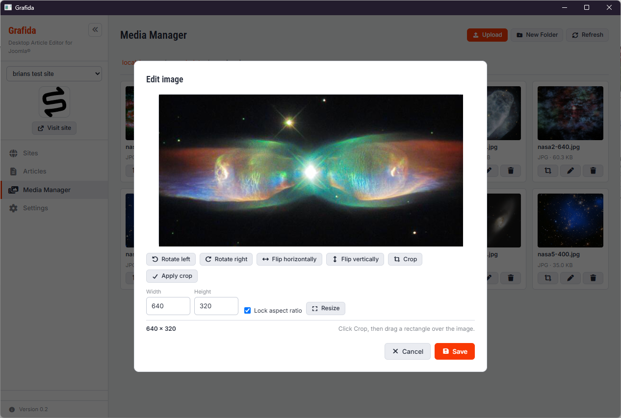 Crop and resize images with the Grafida Media Manager