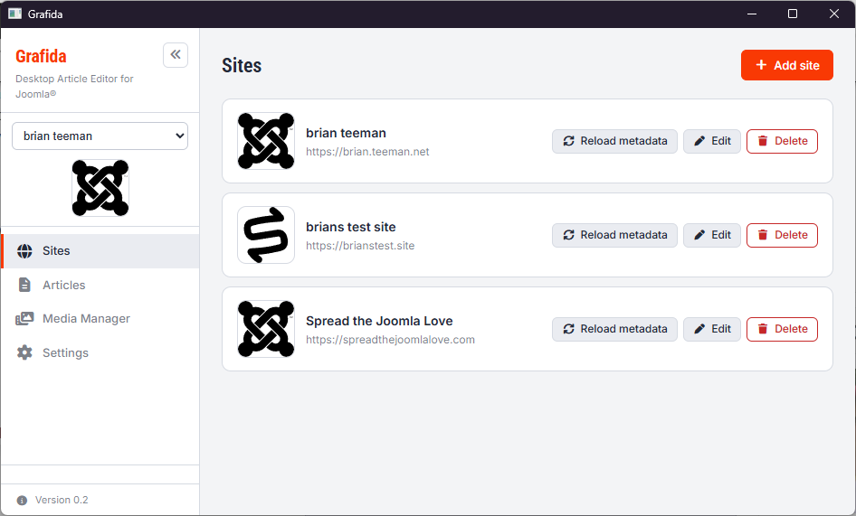 Multiple joomla web sites in the grafida app