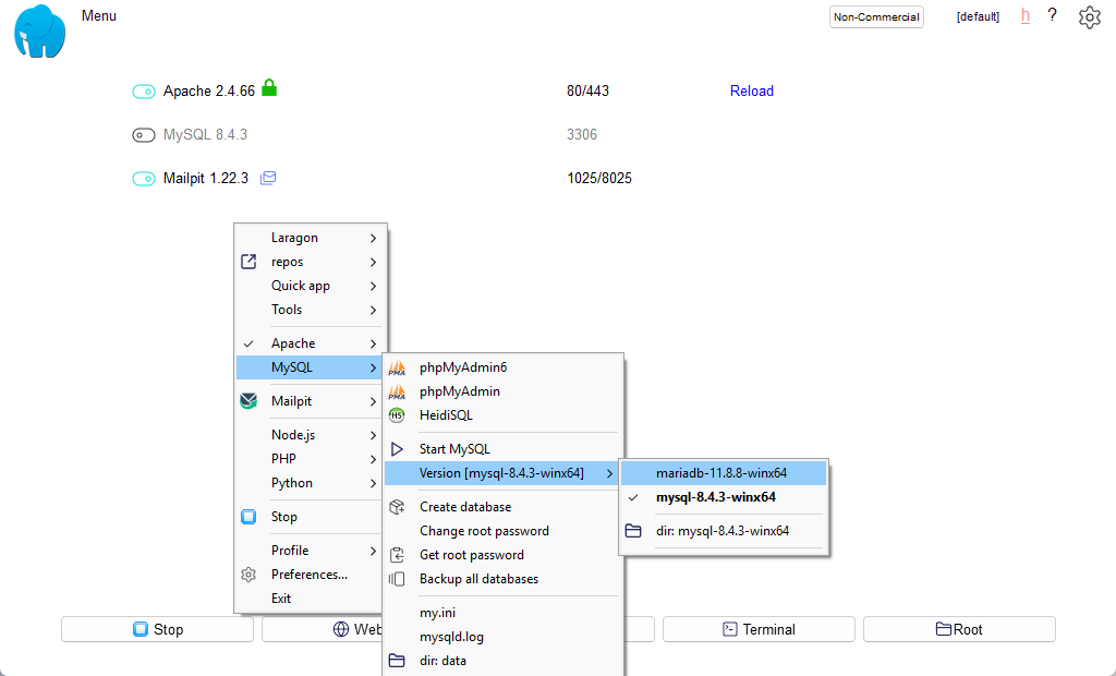laragon database version sub menu