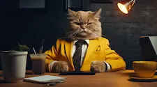 anthropomorphic cat dressed in human ceo clothes of a bright yellow suit sitting behind an important desk