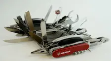 Wenger 16999 Swiss Army Knife Giant, It features 87 implements.The tool weighs approximately 3 lbs and measures nearly 9 inches wide when fully opened.