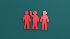 Silhouette of the three people drawn as icons. One person has their hand raised to volunteer.