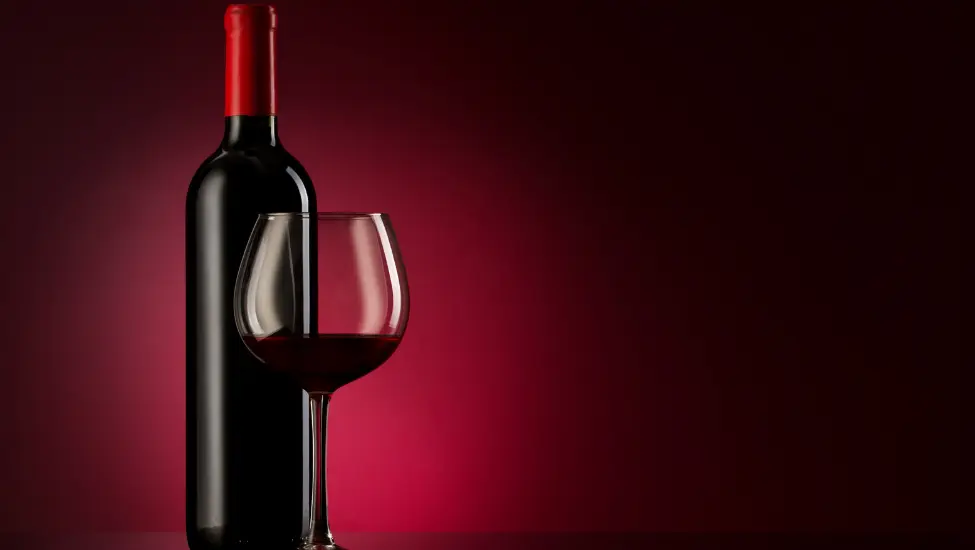 Bottle of red wine and a glass that is either half full or half empty